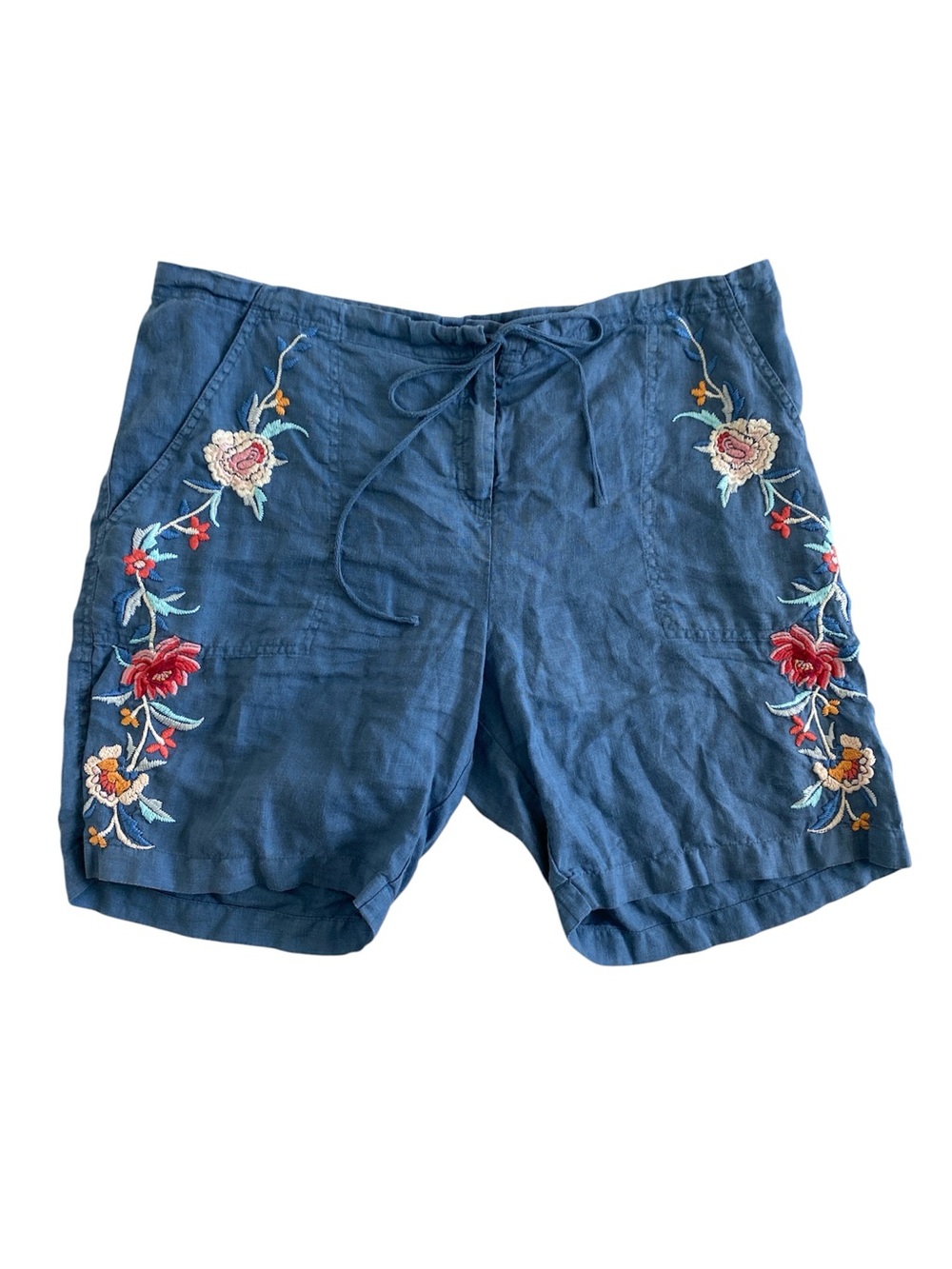 Johnny Was Los Angeles Vintage Blue Embroidered Floral Linen Shorts - Picture 2 of 4
